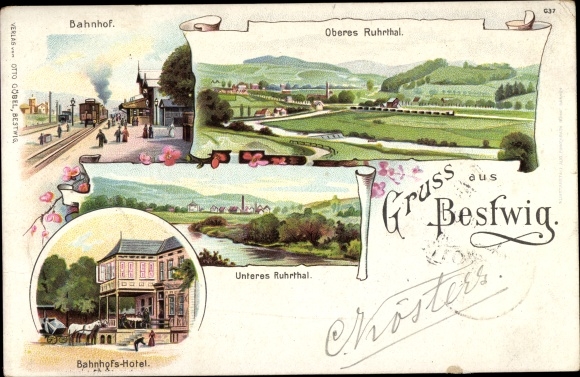 Chromo-Litho Bestwig in the Sauerland, train station, upper Ruhr valley, lower Ruhr valley, train station hotel