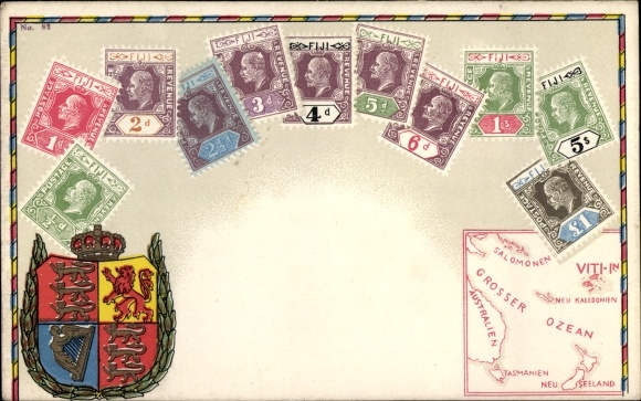 Stamps Coat of Arms Chromo-Litho Fiji, Map, Postage Revenue