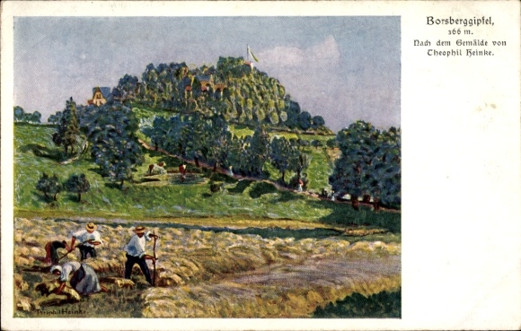 Artist Postcard Heinke, Theophil, Dresden, view of the Borsberg summit, field workers