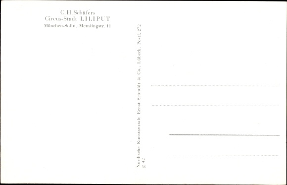 Postcard CH Schäfers Circus Stadt Liliput, Munich Solln, Memlingstraße 11, pony, group photo