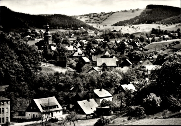 Postcard Geising Altenberg in the Ore Mountains, beautiful landscape, village view, church, many trees, Vielsied