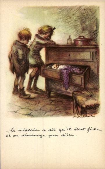 Kunstenaar Ak Poulbot, Franciscque, Kinderen, Baby slapend in een lade
