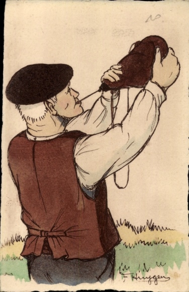 Artysta KP Huygen, mężczyzna we francuskim stroju ludowym, instrument muzyczny