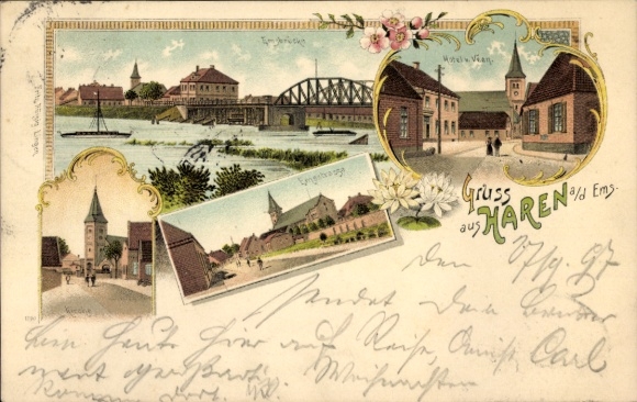 Litho Haren an der Ems, Teilansichten, Brücke, Kirche, Straßenpartie