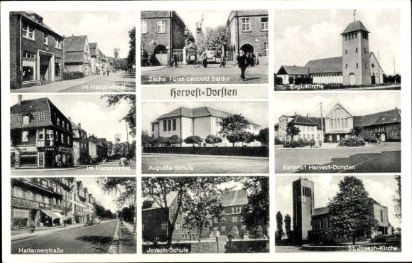 Ak Hervest Dorsten in Westfalen, Kirche, Zeche Fürst Leopold Baldur, Bahnhof, Augusta Schule