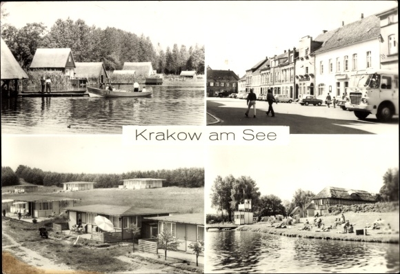 Postcard Krakow am See in Mecklenburg, on Krakower See, market, Rathmannsmoor, bathing establishment