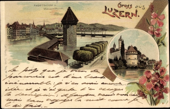 Chromo-Litho City of Lucerne Switzerland, Chapel Bridge, Water Tower