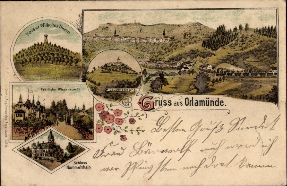 Litho Orlamünde Thüringen, Gesamtansicht, Leuchtenburg, Kaiser Wilhelm Turm, Fröhliche Wiederkunft