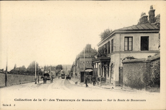 Ak Bonsecours Seine Maritime, Tramway Sammlung, historische Gebäude, Kutschen, Werbung
