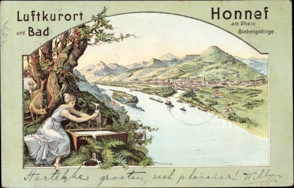 Chromo-Litho Bad Honnef am Rhein, view of the town, Siebengebirge, woman at a spring