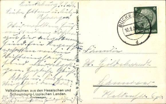 Postcard folk costumes from Schaumburg Lippe and the Hessian lands, harvest wagon, rider