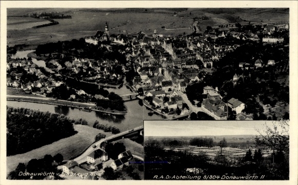 Postcard Donauwörth in Swabia, aerial photograph, Reich Labor Service Department 8/304