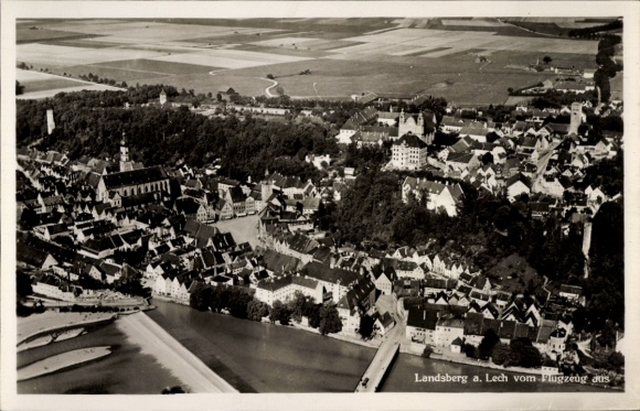 Postcard Landsberg am Lech Upper Bavaria, aerial photograph, city, river, landscape, buildings