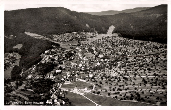 Postcard Loffenau in the Black Forest, aerial view, mountains, meadows, houses