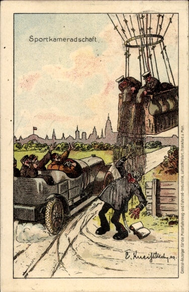 Artist Postcard Men in a balloon sprinkle sand on a policeman, sportsmanship, humor, car