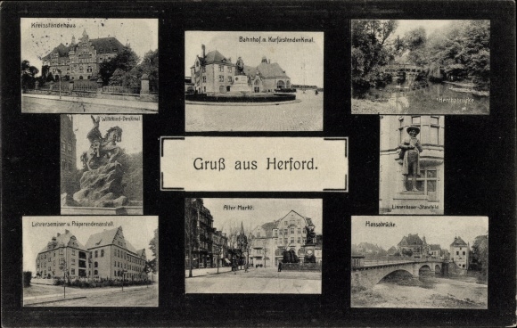 PC Herford in Westphalia, train station with monument to the Great Elector, Alter Markt, bridge