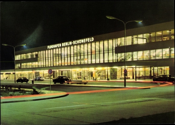 Postcard Berlin Schönefeld Airport, parking lot, arrival hall, building, night lighting