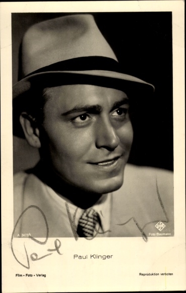Postcard actor Paul Klinger, portrait, autograph, UFA Film A 3473 1, hat, tie