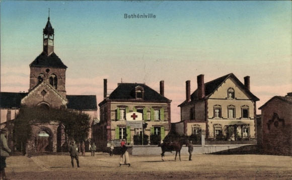 Postcard Betheniville Marne, Church, Square, Red Cross