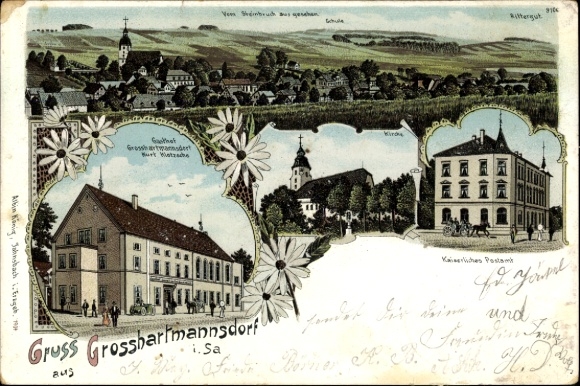 Chromo-Litho Großhartmannsdorf in the Erzgebirge, church, imperial post office, inn