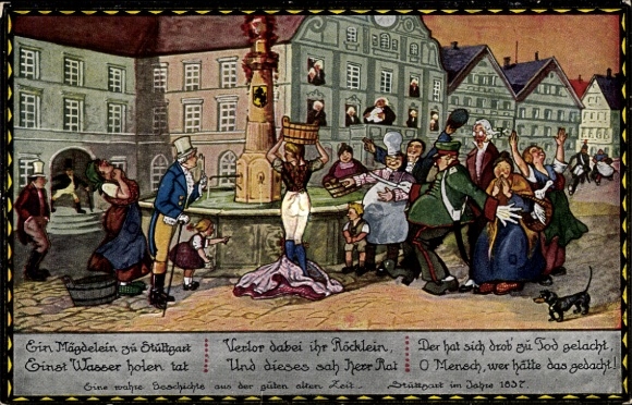 Artist Postcard Stuttgart am Neckar, A true story from the good times, fountain, Anno 1837
