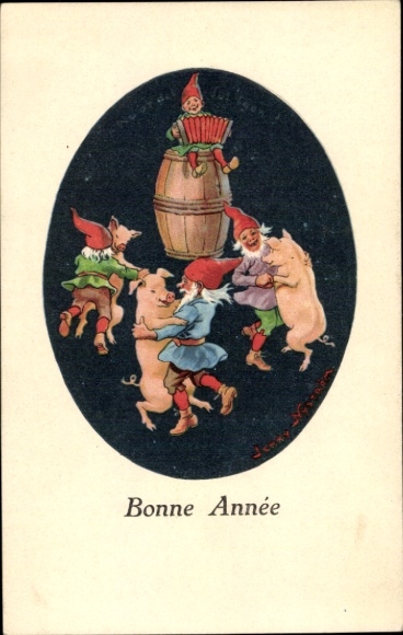 Artist PC Nyström, Jenny, congratulations Christmas, dwarfs dance with pigs
