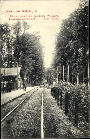 Ak Kühren in Schleswig Holstein, Gastwirtschaft zur Waldlust, Bahnschienen, Bahnhof