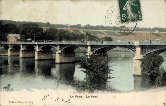 Postcard Le Pecq Yvelines, view of a bridge, river bank, trees