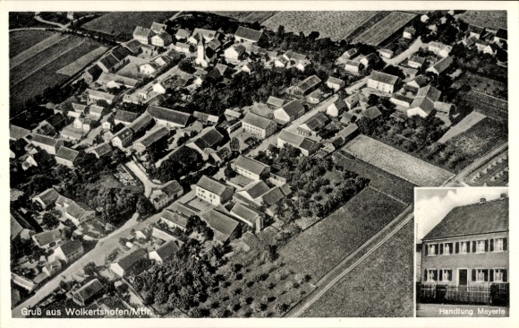Ak Wolkertshofen Markt Nassenfels Oberbayern, Luftaufnahme von  Handlung Mayerle, Felder, Häuser