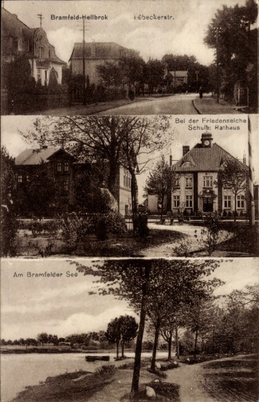 Postcard Hamburg Wandsbek Bramfeld Hellbrok, Lübeckerstraße, Peace Oak, School, Town Hall, Lake