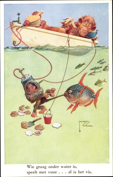 Artist Postcard Wood, Lawson, Fish has diver on tail, humanized monkeys, fishermen in boat