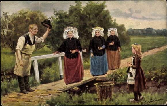 Kunstenaarskaart Gerstenhauer, Johann Georg, Nederlands motief, vrouwen in klederdracht