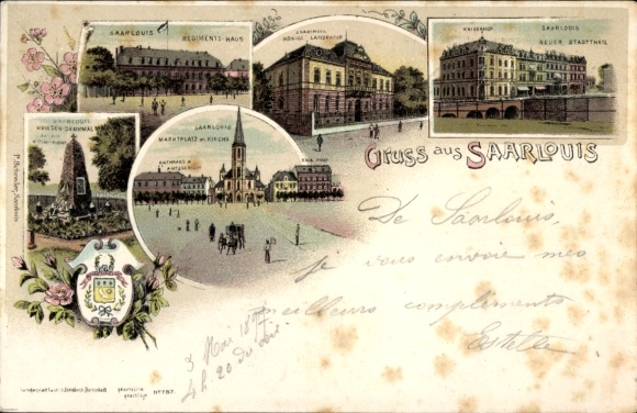 Coat of arms litho Saarlouis in Saarland, Kaiserhof, market square, church, war memorial, regimental house