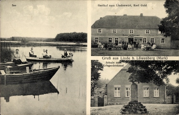 Postcard Linde in the Mark Löwenberger Land, lake, Gasthof zum Lindenwirt, school with war memorial