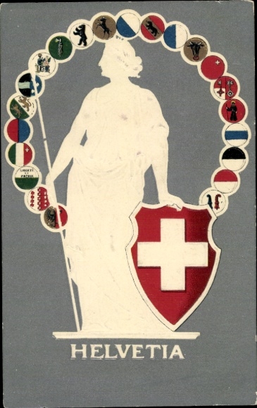 Embossed coat of arms Postcard Helvetia, Switzerland, national allegory, cantonal coat of arms