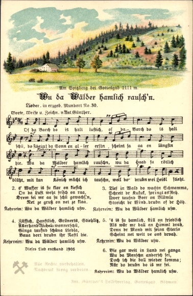 Song Postcard Günther, Anton, Wu de woods hamlich rausch&#39;n, Erzgebirge dialect No. 30, Spitzberg