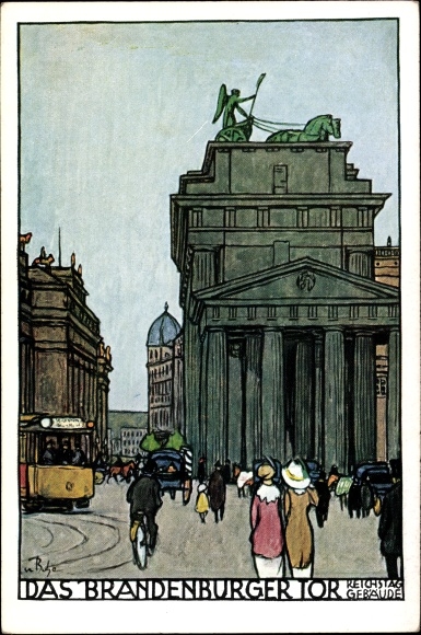 Artist Postcard Buhe, Berlin, Brandenburg Gate, Reichstag building, tram, German teachers' meeting