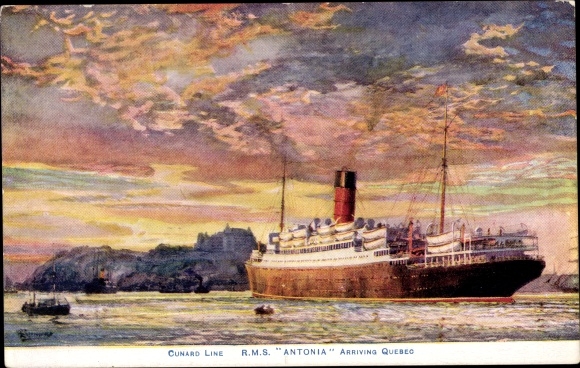 Kunstenaar Ak Dampfer RMS Antonia, Cunard Line, aankomst in Quebec