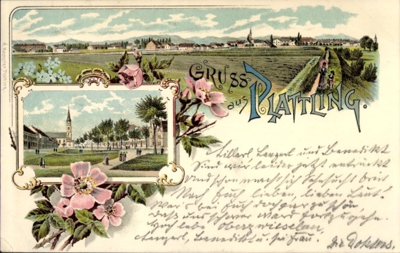 Chromo-Litho Plattling in Lower Bavaria, general view, square with church