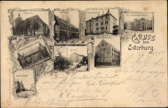 Postcard Osterburg in der Altmark, church, pedagogical school, girls&#39; school, teacher&#39;s seminar, Breitestrasse