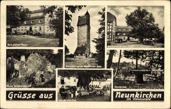 Ak Neunkirchen im Odenwald Modautal, naar de groene boom, Bodenstein ruïne, herberg