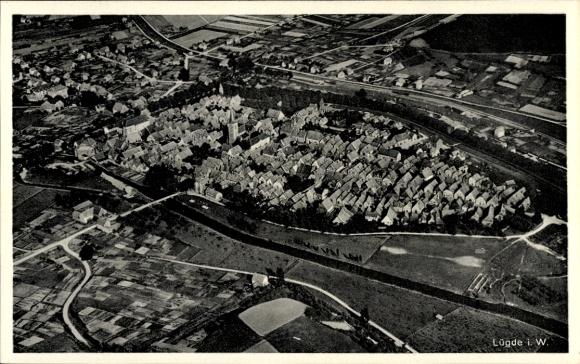 Postcard Lügde in the Weserbergland, aerial view of Lügde, architecture, river, fields