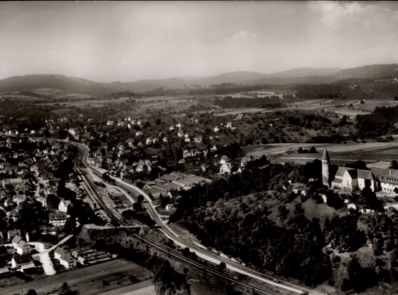 Postcard Lorch in Remstal Württemberg, aerial view of Lorch, hilly landscape, church, residential areas