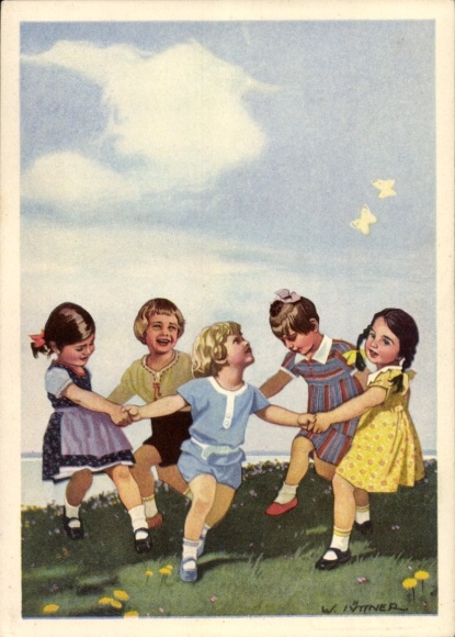 Artist PC Jüttner, W., advertising Indanthren textiles, children dancing