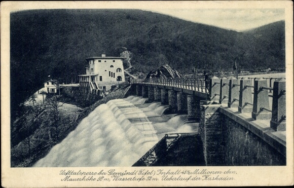 Postcard Gemünd on the Urft Schleiden in the Eifel, Urft Dam, overflow cascades