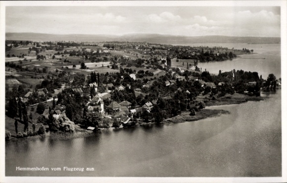 Postcard Hemmenhofen Gaienhofen on Lake Constance, aerial view of lake, green landscape, buildings