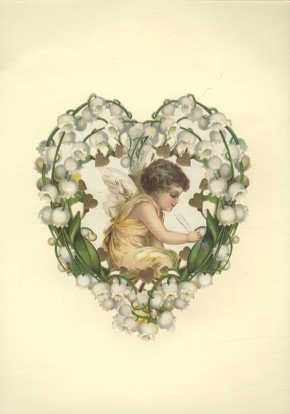 Oblate Engel in einem Herz aus Maiglöckchen, Größe ca. 13 x11 cm