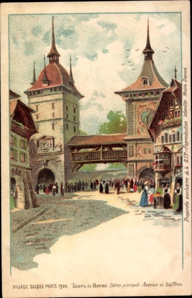 litho Parijs, Expo, Wereldtentoonstelling 1900, Village Suisse, Tours de Bern