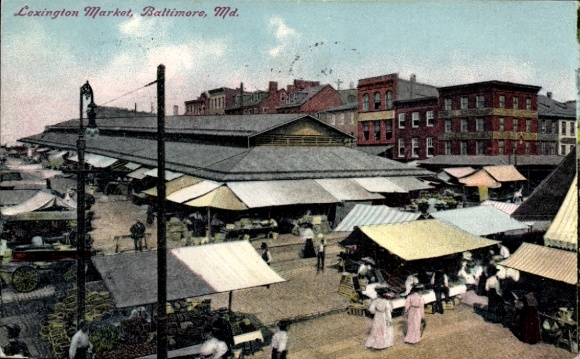 Ak Baltimore Maryland USA, markt met kraampjes, menigte, oude gebouwen, wagens, tenten