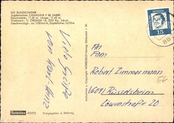 Postcard German Bundeswehr, single-seater fighter Canadair F 86 Saber, JA-110